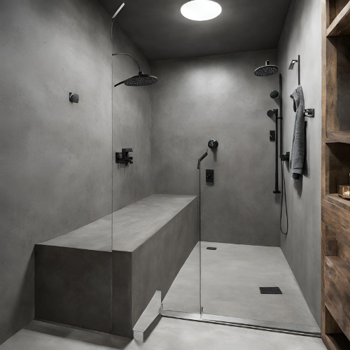 Layered Polished Concrete | Countertop, floor and shower